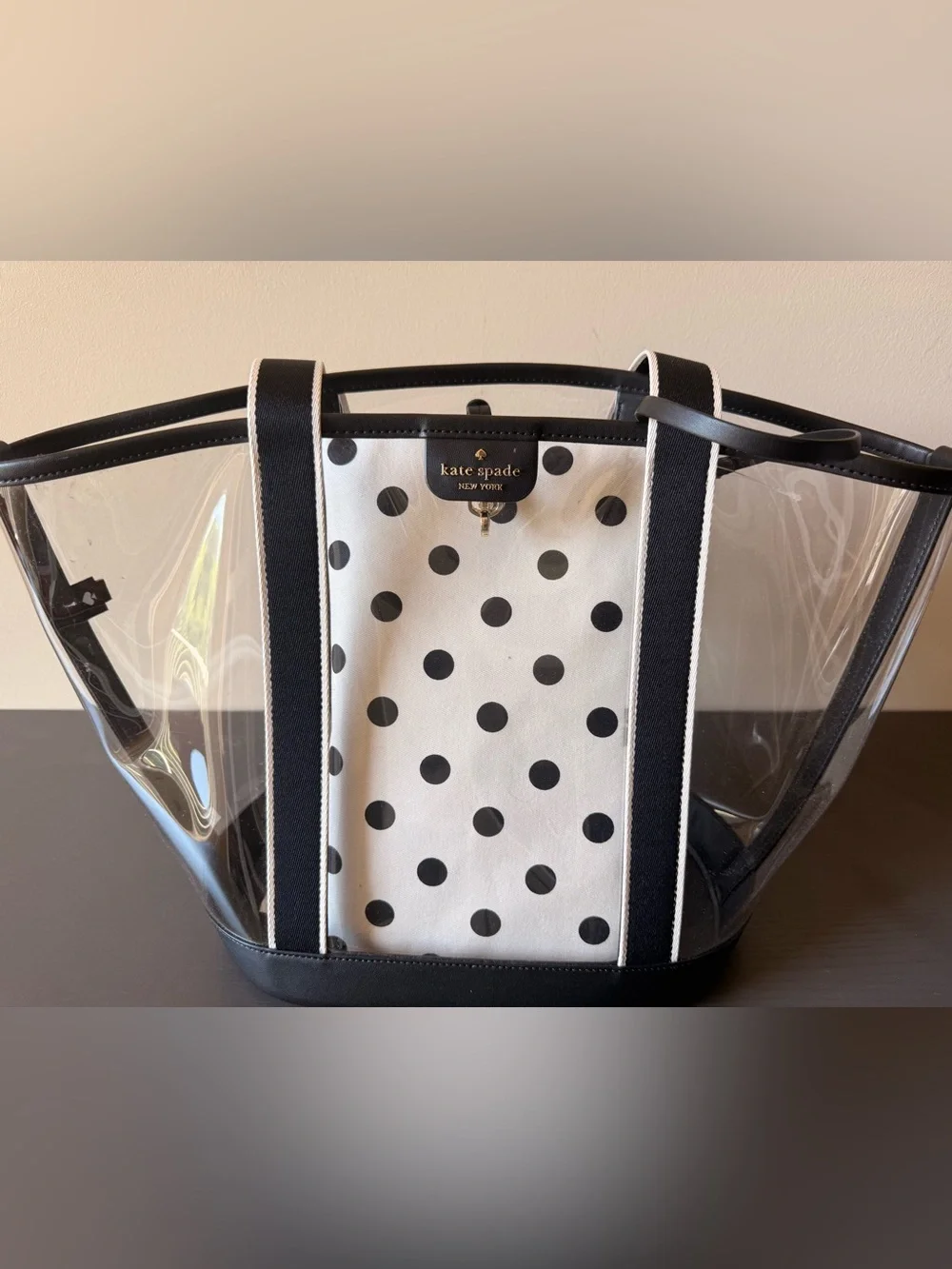 Like-new Kate Spade  Black & White Clear Tote with Polka Dot Pouch